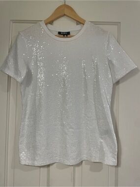 DKNY White Sequin Short Sleeve Crew Neck Tee Size M